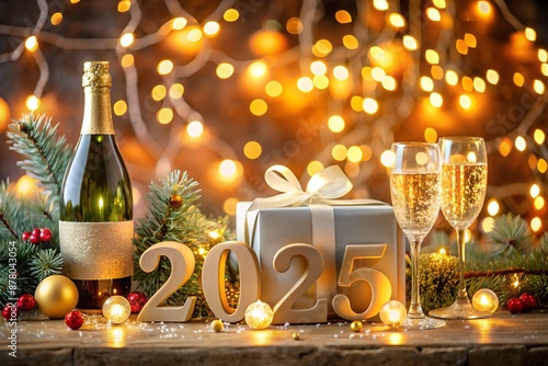 happy new year 2025 background new year holidays card with bright lights,gifts and bottle of hampagne photo