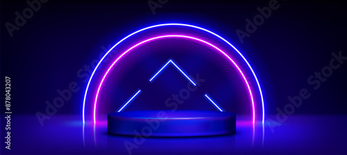 Cylinder product podium with blue and purple neon glowing triangle, arch on wall of dark studio room interior. Realistic 3d vector of goods showcase pedestal with decorative luminous geometric shapes