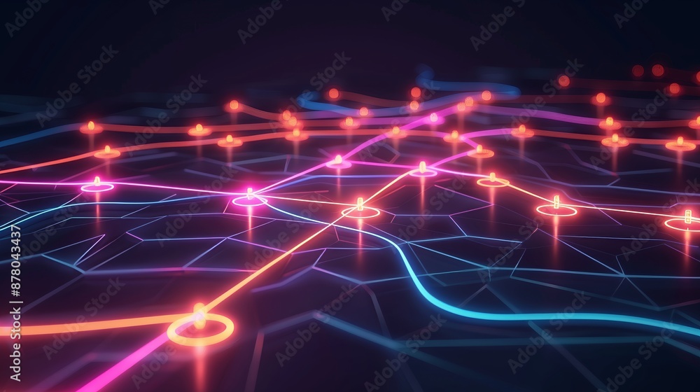 Fototapeta premium Glowing neon paths on a dark background, each charting a unique investment strategy toward financial success.