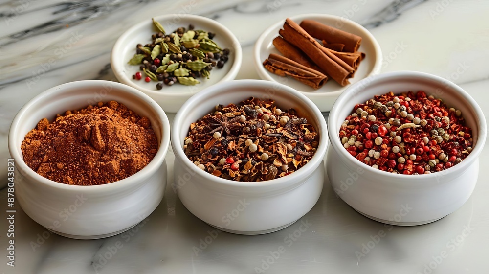 Assorted spices in white bowls on marble background, including cinnamon, peppercorns, and mixed herbs, showcasing colorful ingredients. Assorted spices in white bowls on marble background, including cinnamon, peppercorns, and mixed herbs, showcasing colorful ingredients.