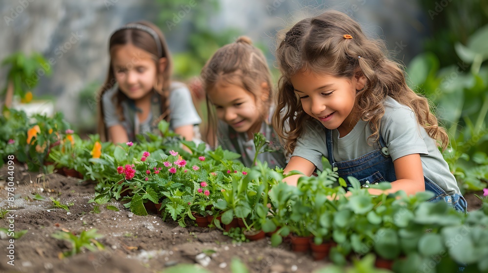 Kids at a community garden, tending to their plants and flowers with enthusiasm. Planting, and enjoying their labor as their garden flourishes Kids at a community garden, tending to their plants and flowers with enthusiasm. Planting, and enjoying their labor as their garden flourishes