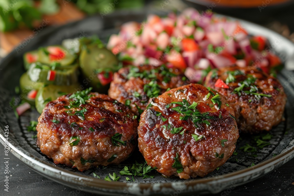 A plate of kotleti, Russian meat patties, served with mashed potatoes and a side of pickled vegetables. A plate of kotleti, Russian meat patties, served with mashed potatoes and a side of pickled vegetables.