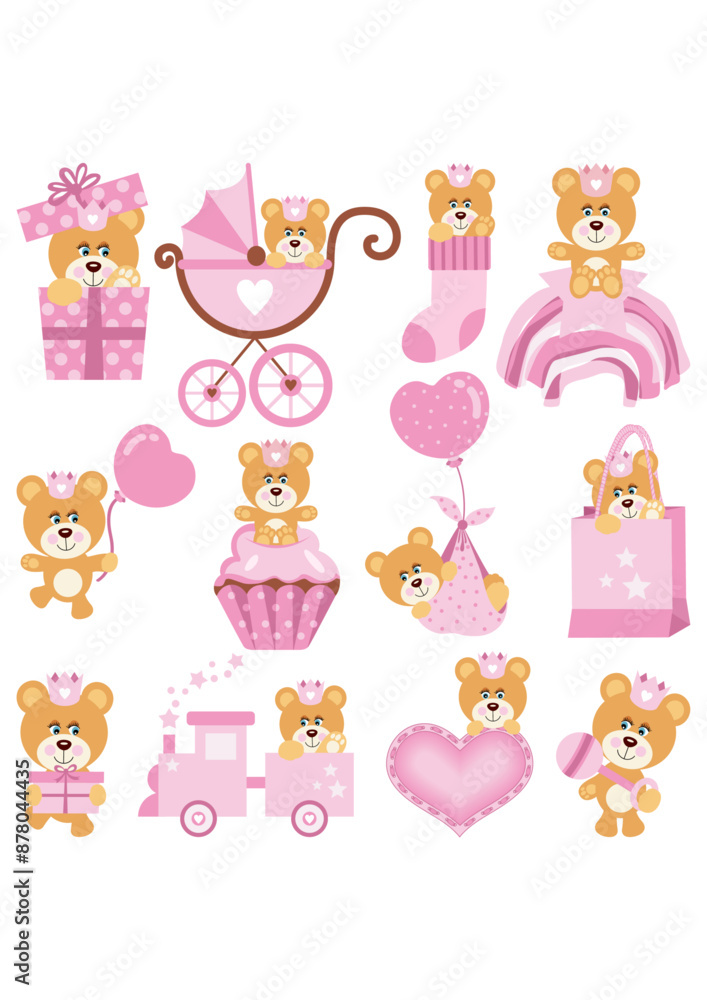 Set of pink digital elements of cute baby girl teddy bear Set of pink digital elements of cute baby girl teddy bear