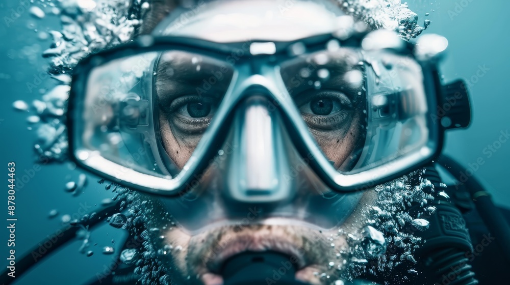 Scuba diver in advanced diving equipment, including a mask, navigating underwater terrain, capturing the essence of ocean adventure and exploration Scuba diver in advanced diving equipment, including a mask, navigating underwater terrain, capturing the essence of ocean adventure and exploration