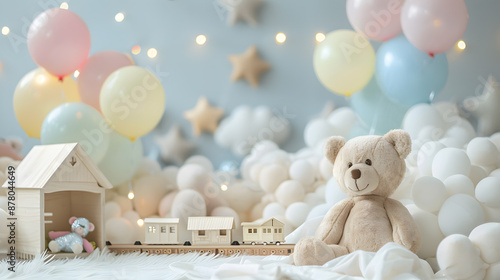 astel color balloons amidst fluffy clouds, twinkling stars, kids toys, teddy bear, wooden house, wooden train station, cute tent, and doll, with copyspace and lighting small bulb bokeh blur background photo