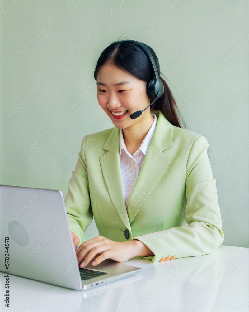 smile young asian woman wearing loose blazer, customer support with laptop, business and office concept smile young asian woman wearing loose blazer, customer support with laptop, business and office concept