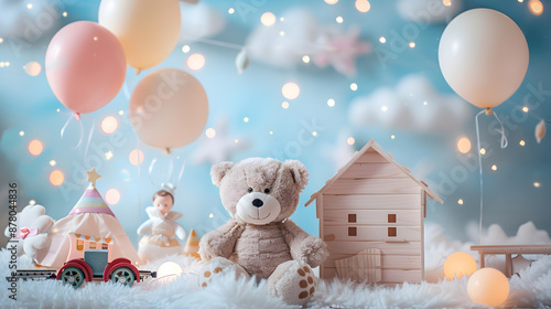 astel color balloons amidst fluffy clouds, twinkling stars, kids toys, teddy bear, wooden house, wooden train station, cute tent, and doll, with copyspace and lighting small bulb bokeh blur background photo