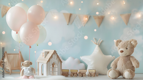 astel color balloons amidst fluffy clouds, twinkling stars, kids toys, teddy bear, wooden house, wooden train station, cute tent, and doll, with copyspace and lighting small bulb bokeh blur background photo