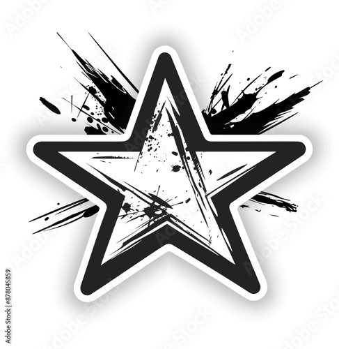 Black and white distressed and disintegrating five-pointed star with a dripping effect, stencil and paint graffiti. The edges of the star are uneven and ragged