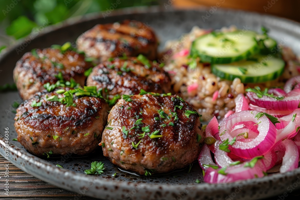 A plate of kotleti, Russian meat patties, served with mashed potatoes and a side of pickled vegetables. A plate of kotleti, Russian meat patties, served with mashed potatoes and a side of pickled vegetables.