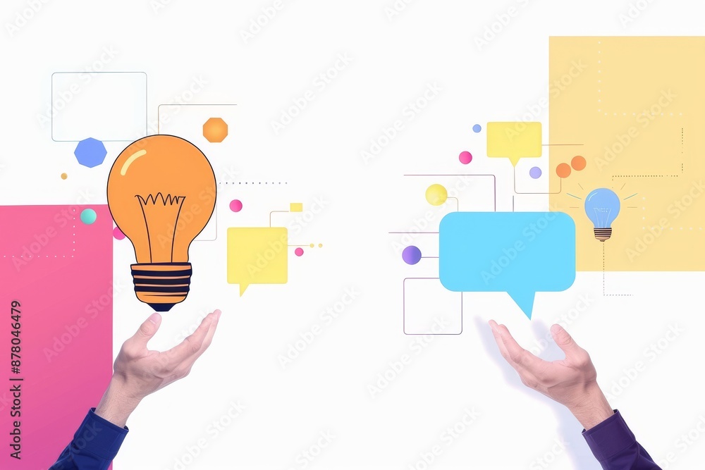 Fototapeta premium two hands holding light bulbs, with speech bubbles containing ideas and icons