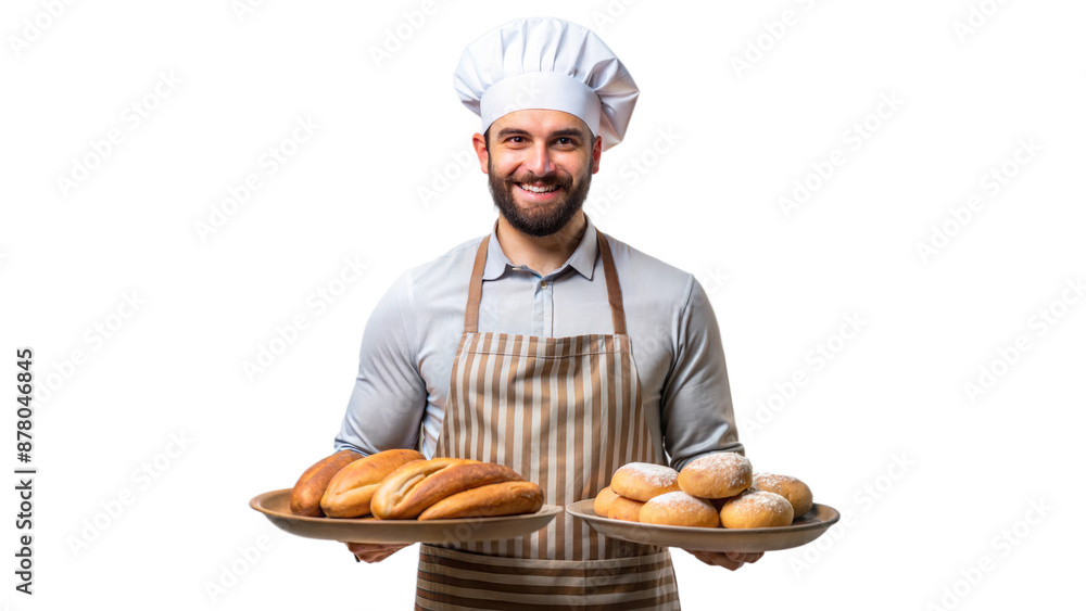 Smiling Chef Presenting Fresh Baked Bread and Pastries Smiling Chef Presenting Fresh Baked Bread and Pastries