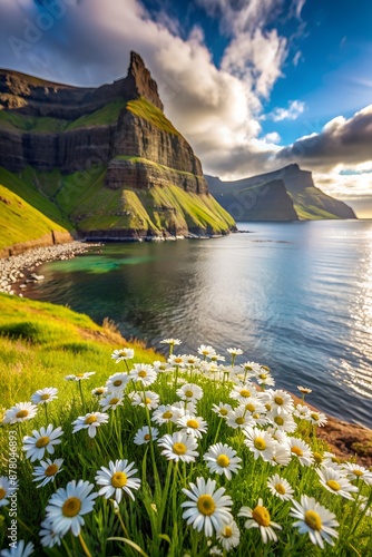 Set of horizontal flip calendars with amazing landscapes in minimal style. May 2025. Blooming daisy flowers in Tjornuvik village. Beautiful morning scene of Eidiskollur cliffs, Faroe Islands, Denmark. photo