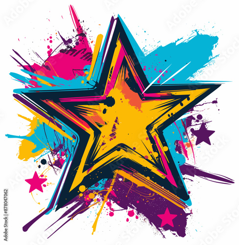 Colorful splashes and disintegrating five-pointed star with a dripping effect, stencil and paint graffiti. The edges of the star are uneven and ragged