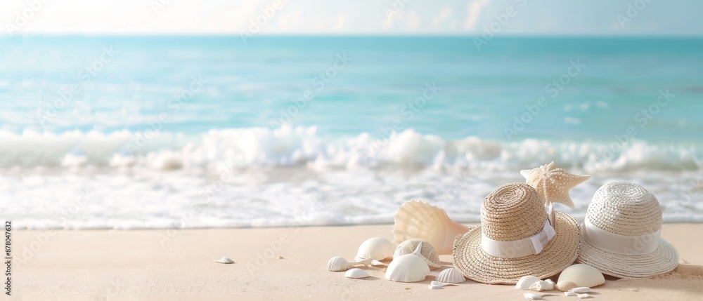 Cozy summer hats on a serene sandy beach with gentle waves and a clear blue sky in the background. Cozy summer hats on a serene sandy beach with gentle waves and a clear blue sky in the background.