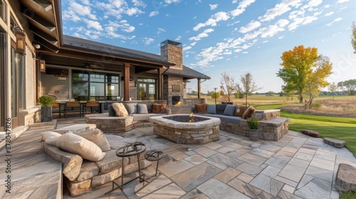 ranch house with a large, flagstone patio featuring a built-in fire pit and comfortable outdoor seating