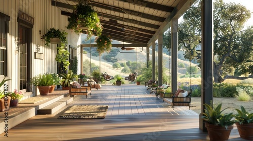 ranch house with a large, wrap-around porch that includes several swings and a variety of potted plants