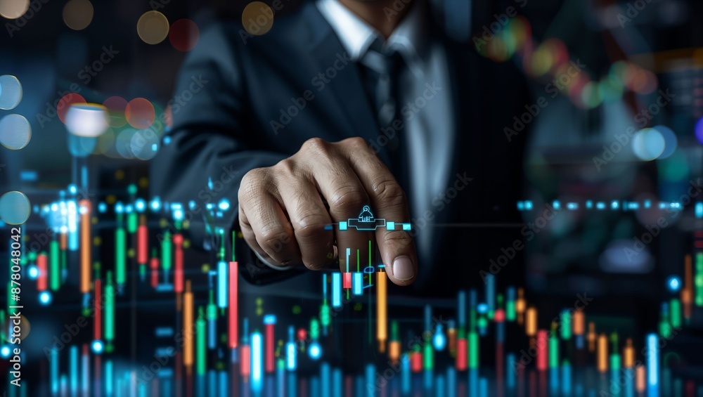 A businessman in a suit is pointing at an interactive display showing colorful financial market charts and data analysis in a technologically advanced environment. A businessman in a suit is pointing at an interactive display showing colorful financial market charts and data analysis in a technologically advanced environment.