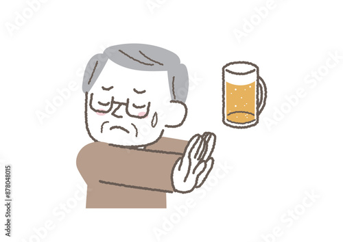 お酒を我慢しているシニア男性のイラスト
