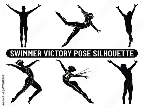 Swimmer victory pose silhouette, Swimmer silhouette, Victory Pose Silhouette, Swimmer Posing After Victory Fitness Aggression.