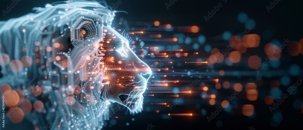 Digital lion head composed of light trails and particles, blending technology and wildlife in a mesmerizing futuristic design. Digital lion head composed of light trails and particles, blending technology and wildlife in a mesmerizing futuristic design.