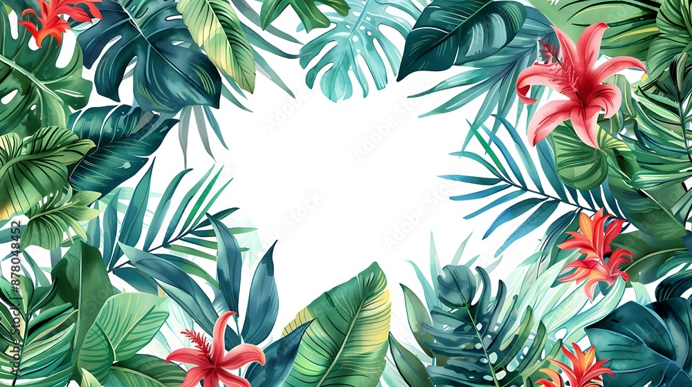 Tropical Floral Border with Lush Green Leaves Tropical Floral Border with Lush Green Leaves