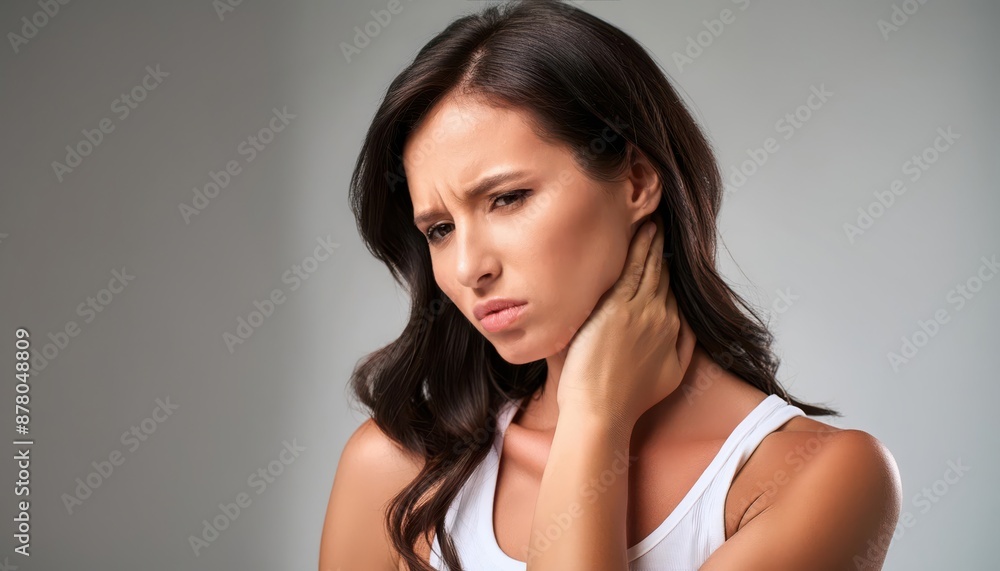 A woman with long, dark hair and a pained expression, holding her hand to her neck, indicating discomfort A woman with long, dark hair and a pained expression, holding her hand to her neck, indicating discomfort