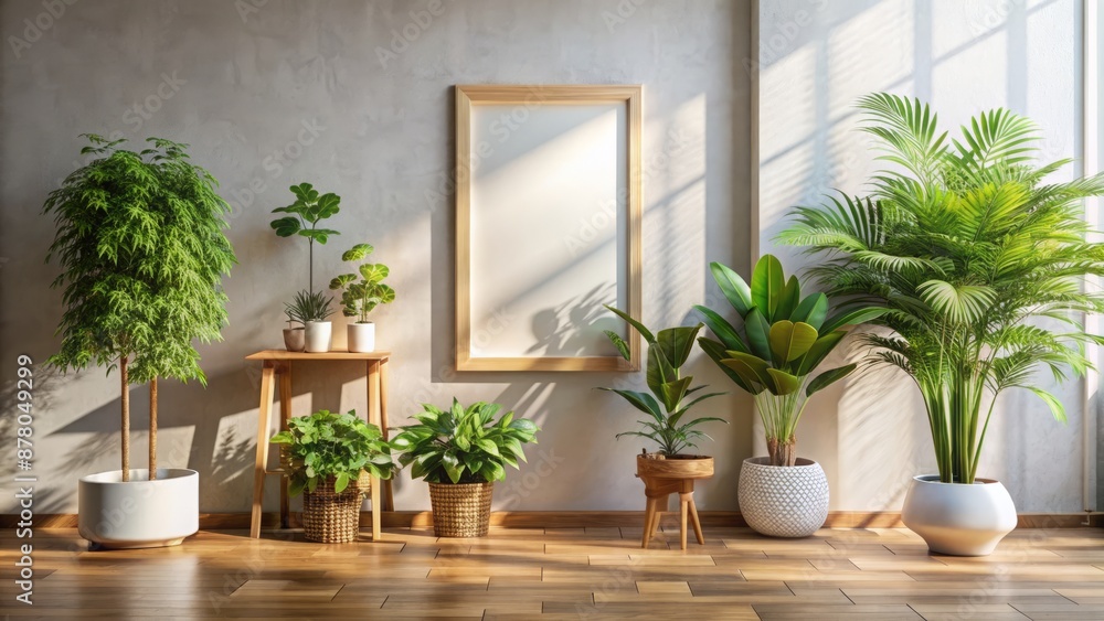 Modern interior with off-white wall features a blank wooden picture frame surrounded by lush green plants in natural daylight. Modern interior with off-white wall features a blank wooden picture frame surrounded by lush green plants in natural daylight.