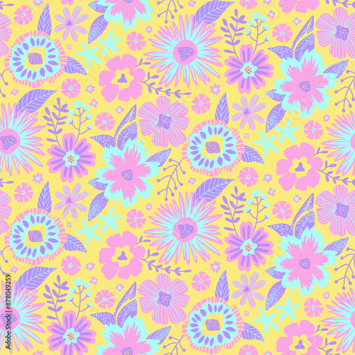 Wallpaper Mural Floral Seamless Half Drop Pattern with Fantasy Leaves and Flowers in Pastel Colors. Repeat Wallpaper Print Texture. Perfectly for Wrapping Paper, Textile, Fabric, Decor Ornament. Torontodigital.ca