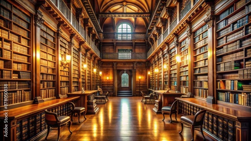 Wallpaper Mural Majestic vintage library with endless rows of historic books on ornate wooden shelves, flooded with soft, warm, golden light, exuding elegance. Torontodigital.ca