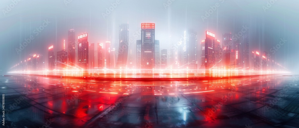 Naklejka premium Futuristic cityscape with neon lights and sci-fi architecture, creating a surreal cyberpunk atmosphere under a misty sky.