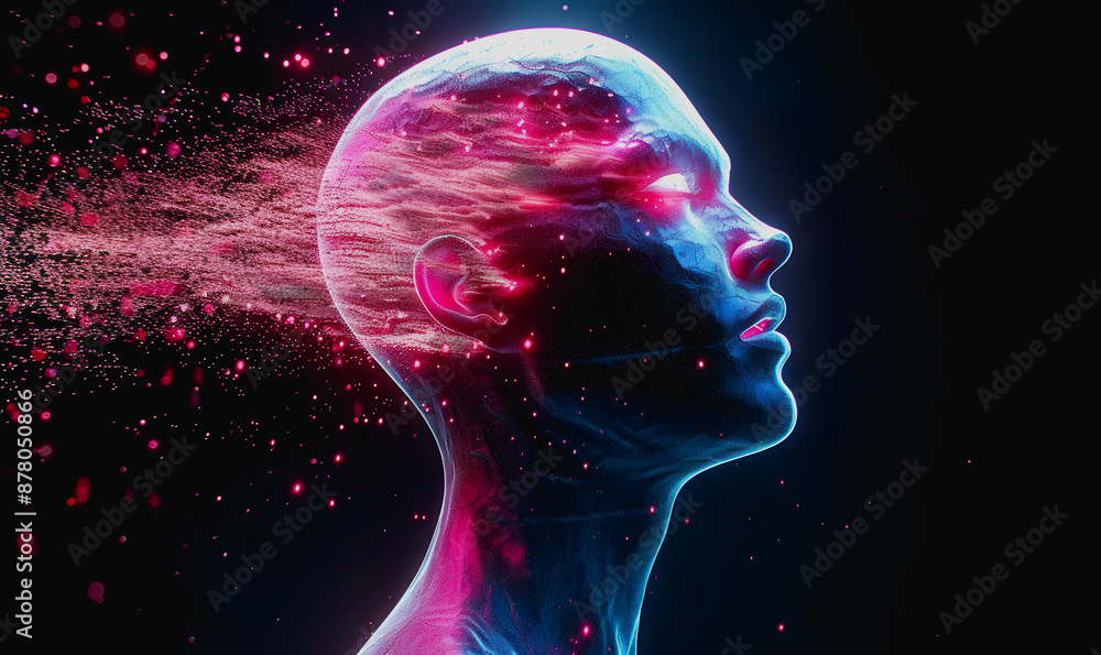 Futuristic AI with neon lights and digital particles