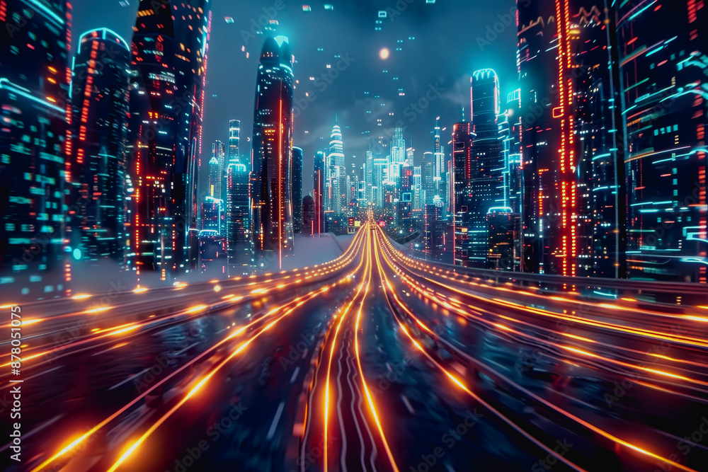Fototapeta premium Cyberpunk scene with AI, neon lighting, floating digital particles