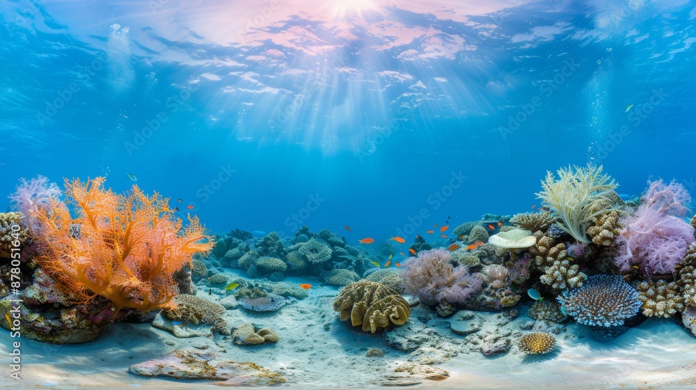 Naklejka premium Colorful underwater scenes featuring vibrant coral reefs, teeming with marine life and crystal-clear waters.