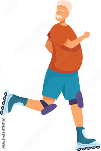 Active senior man is roller skating while wearing knee pads for protection