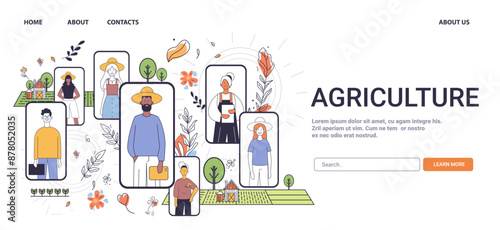 Agriculture industry professionals farming concept diverse people in frames with plants and farm elements colorful background website banner minimalistic thin line art