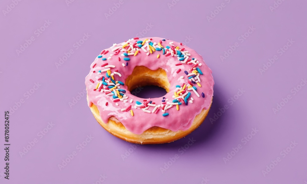 Pink frosted donut with sprinkles on purple background Pink frosted donut with sprinkles on purple background