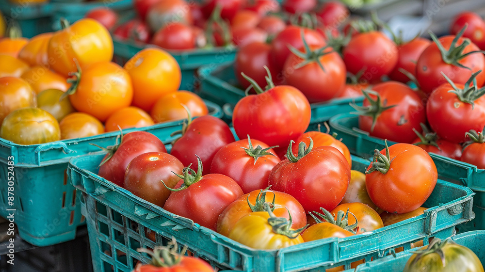 Assorted Tomatoes in green plastic baskets Assorted Tomatoes in green plastic baskets