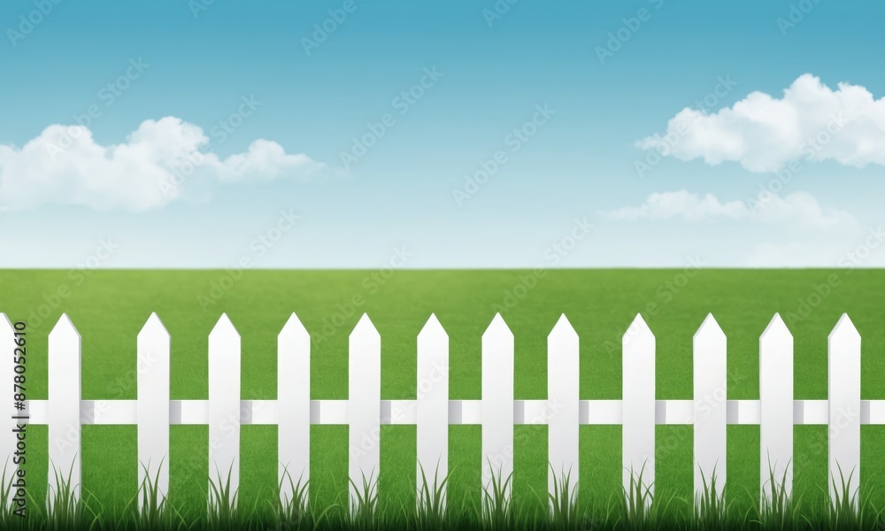 Obraz premium White picket fence in front of green grass field