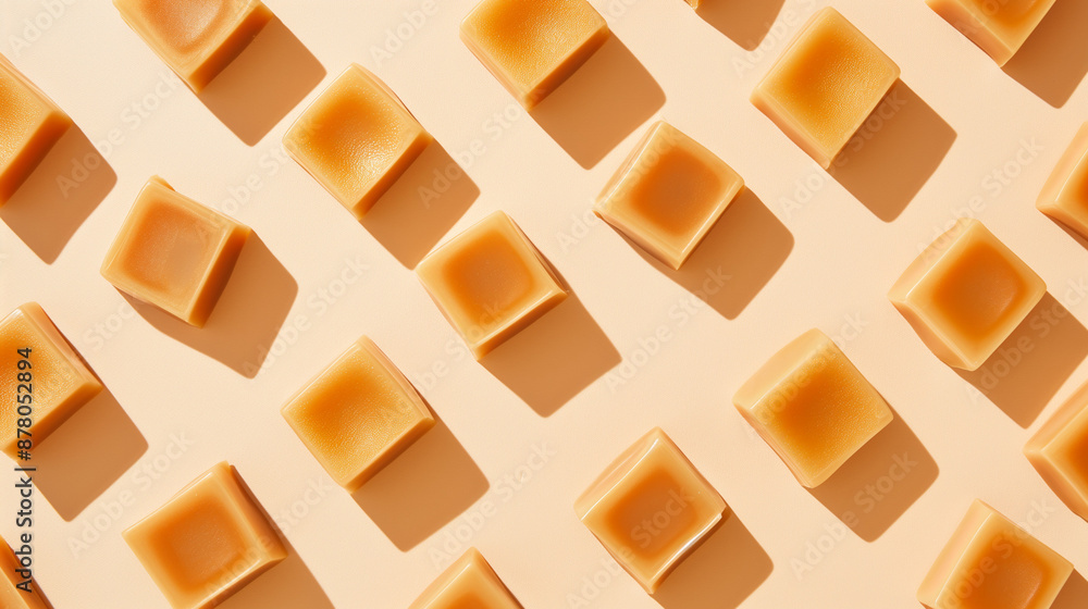 A background of various caramels arranged symmetrical with shadow effects, creating a sense of depth, on a cream background with shadows A background of various caramels arranged symmetrical with shadow effects, creating a sense of depth, on a cream background with shadows