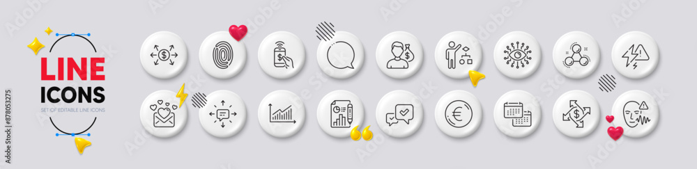 Fingerprint, Algorithm and Euro money line icons. White buttons 3d icons. Pack of Artificial intelligence, Chemistry molecule, Love mail icon. Calendar, Salary, Lightning bolt pictogram. Vector Fingerprint, Algorithm and Euro money line icons. White buttons 3d icons. Pack of Artificial intelligence, Chemistry molecule, Love mail icon. Calendar, Salary, Lightning bolt pictogram. Vector