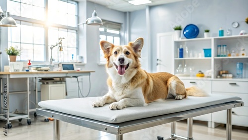 A serene canine patient lies comfortably on a sleek examination table surrounded by modern medical equipment and pet care essentials. photo