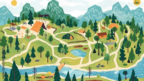 An illustrated map of a camping ground with various spots marked, including tents, trails, and a lake