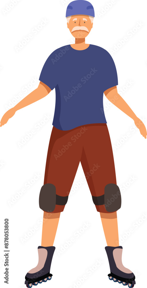 Senior man wearing helmet and knee pads is standing on roller skates, enjoying active lifestyle and having fun Senior man wearing helmet and knee pads is standing on roller skates, enjoying active lifestyle and having fun