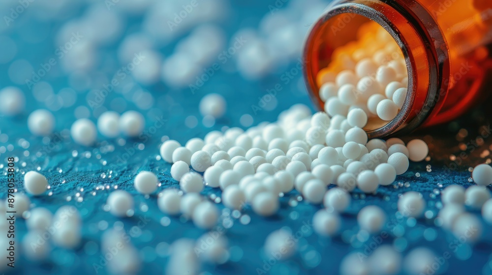Close up of spilled homeopathic pills on a blue surface with focus on disease resistance Close up of spilled homeopathic pills on a blue surface with focus on disease resistance