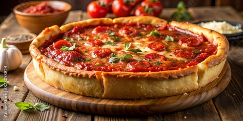 Chicago Style Deep Dish Pizza on Rustic Wooden Table, pizza , deep dish , chicago , food