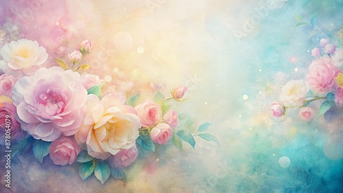 Soft, romantic, gentle multicolored pastel hues blend harmoniously on textured paper background with subtle light gradient, evoking serene ambiance.
