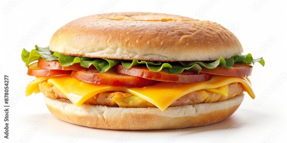 Closeup of a Delicious Cheeseburger with Lettuce, Tomato, and Cheese on a White Background, burger , food , fast food, cheese Closeup of a Delicious Cheeseburger with Lettuce, Tomato, and Cheese on a White Background, burger , food , fast food, cheese
