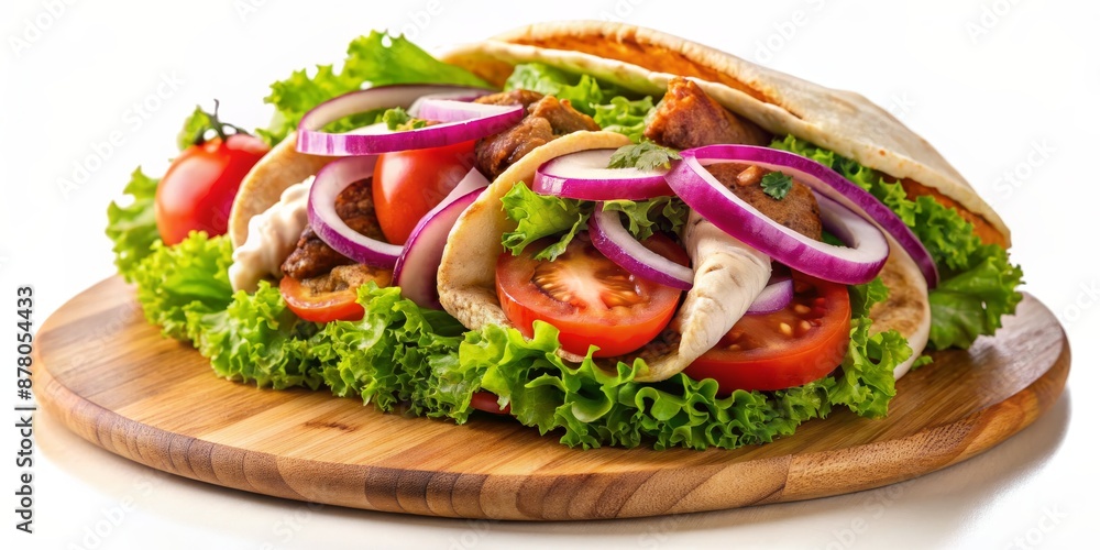 Closeup of a Delicious Shawarma with Lettuce, Tomato, and Red Onion on a Wooden Cutting Board, shawarma , middle eastern , fast food , cuisine Closeup of a Delicious Shawarma with Lettuce, Tomato, and Red Onion on a Wooden Cutting Board, shawarma , middle eastern , fast food , cuisine