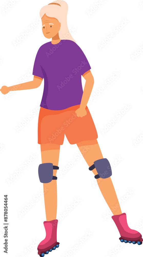Active senior woman is roller skating while wearing protective gear Active senior woman is roller skating while wearing protective gear